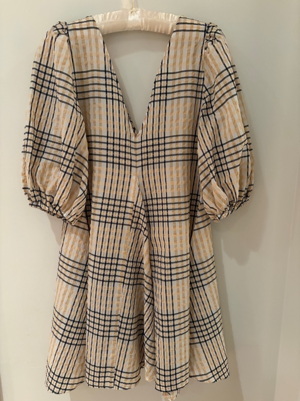 GANNI SEERSUCKER CHECK MINI DRESS IN IVORY SIZE EU 38. US 8 - Picture 9 of 12
